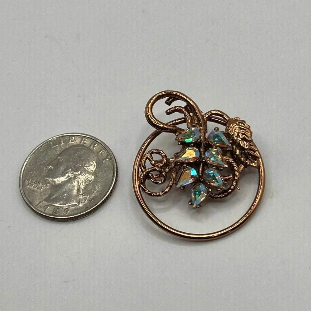 Vintage Grape Brooch Copper Tone AB Beads Aurora Borealis Round Pin